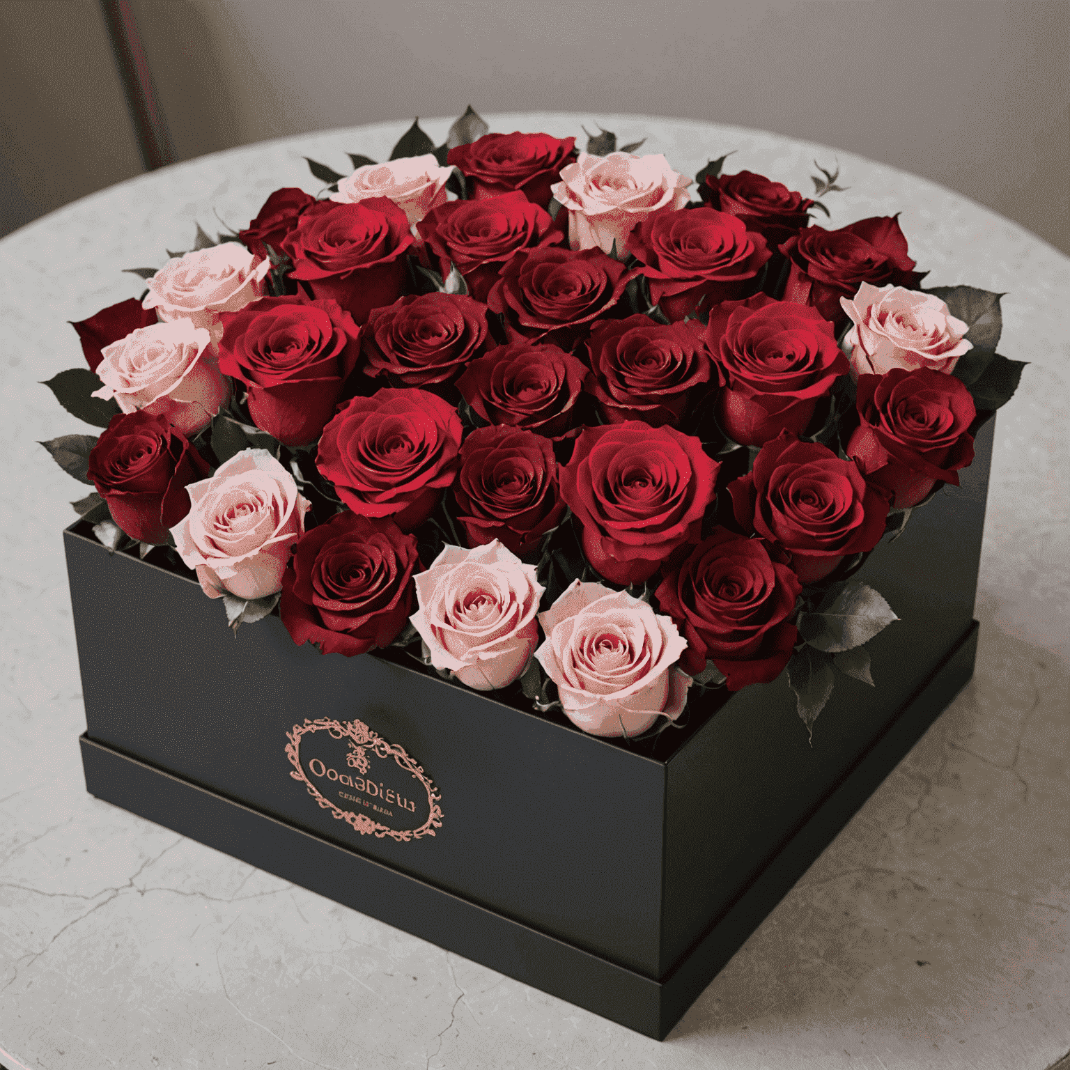 A stunning arrangement of preserved roses in various shades of red and pink, artfully displayed in an elegant black box. The roses appear fresh and vibrant, showcasing the longevity and beauty of preserved flowers.