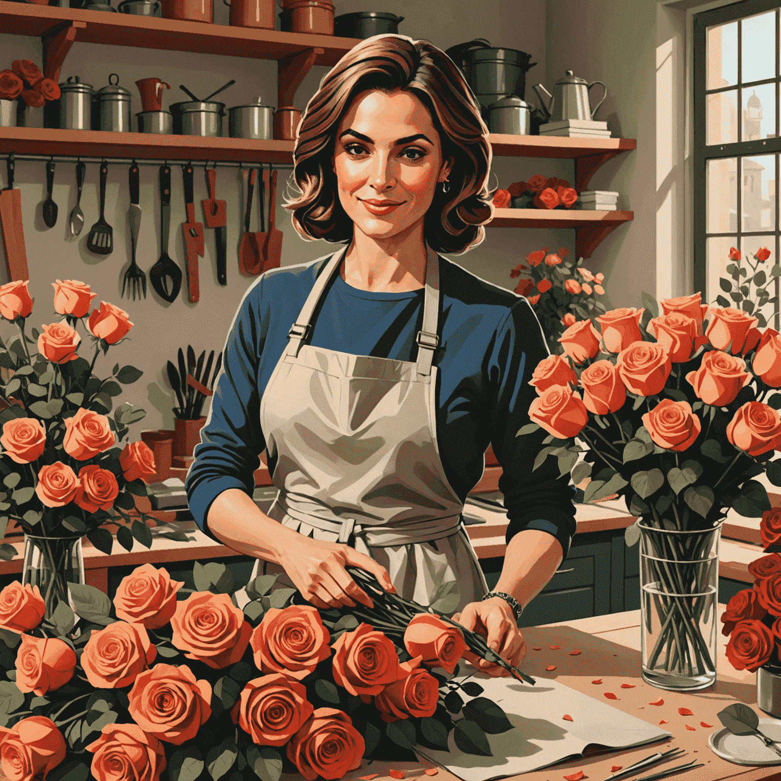Maria Rossi, a renowned Milan-based florist, arranging a stunning bouquet of roses and seasonal flowers in her elegant workshop
