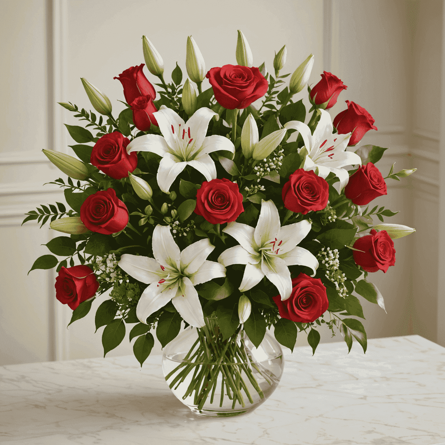 A stunning arrangement of vibrant red roses, delicate white lilies, and lush greenery in a elegant vase