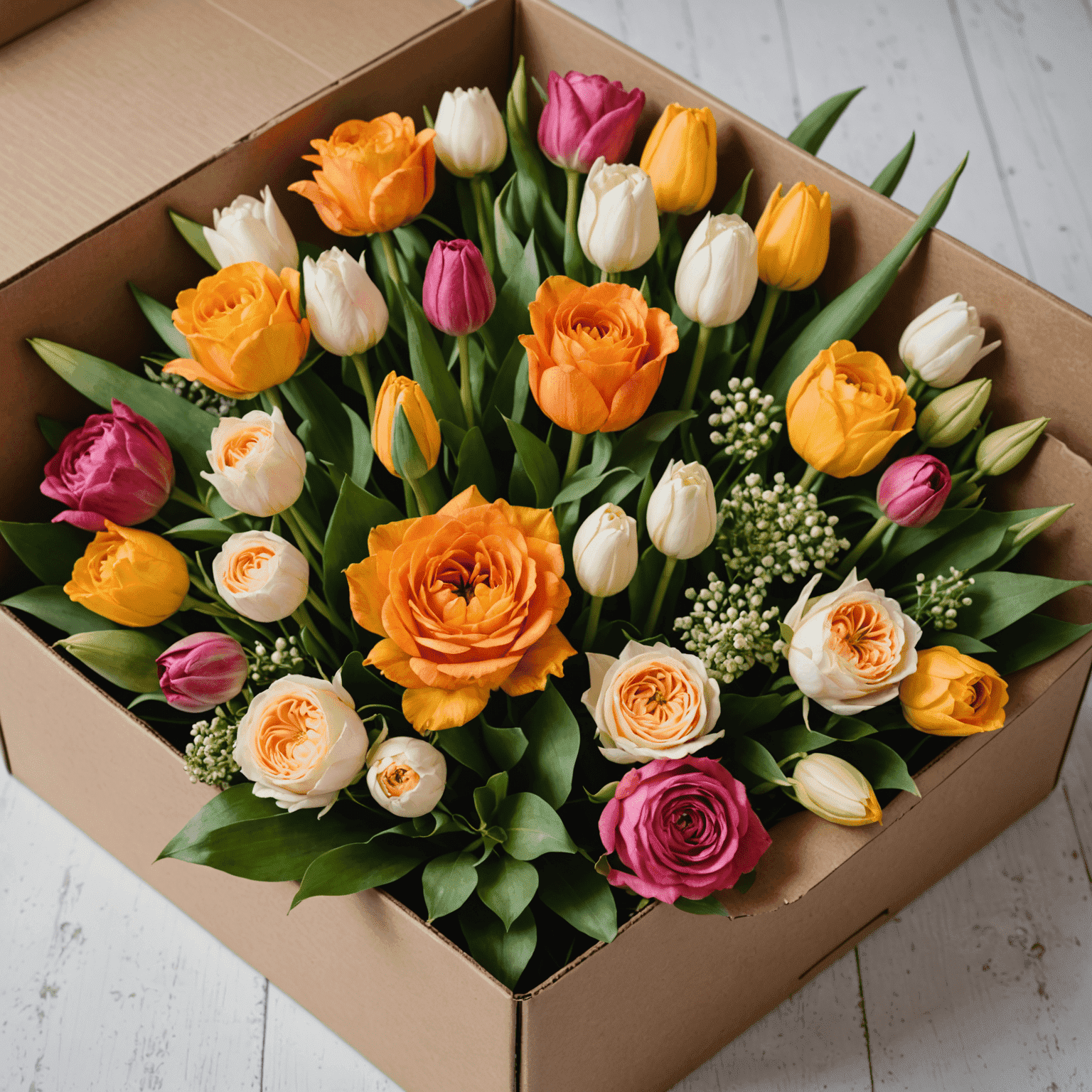 A beautiful array of seasonal flowers arranged in a subscription box, featuring roses, tulips, and lilies in vibrant colors