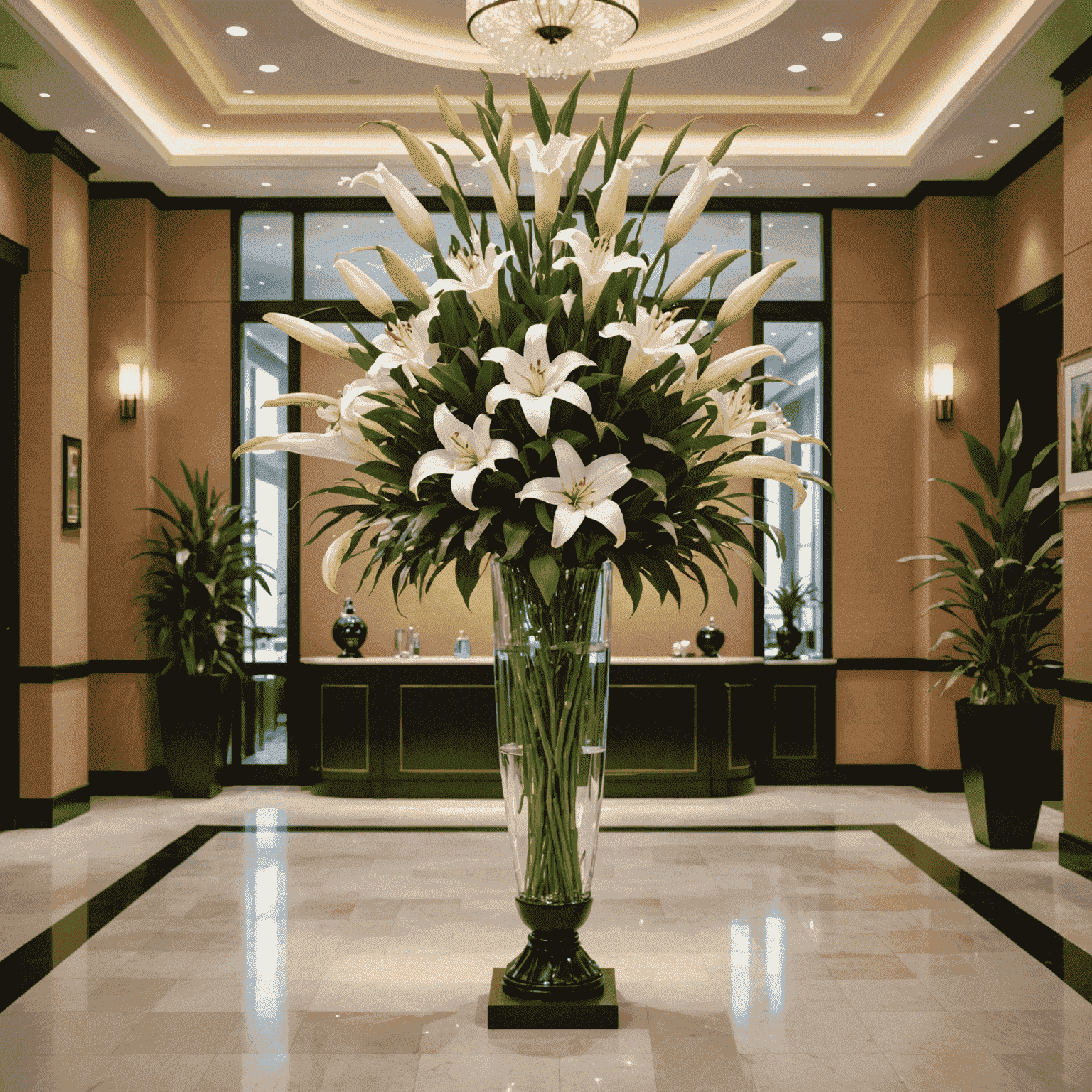 Elegant lobby arrangement with tall vases filled with white lilies and greenery, creating a sophisticated corporate atmosphere