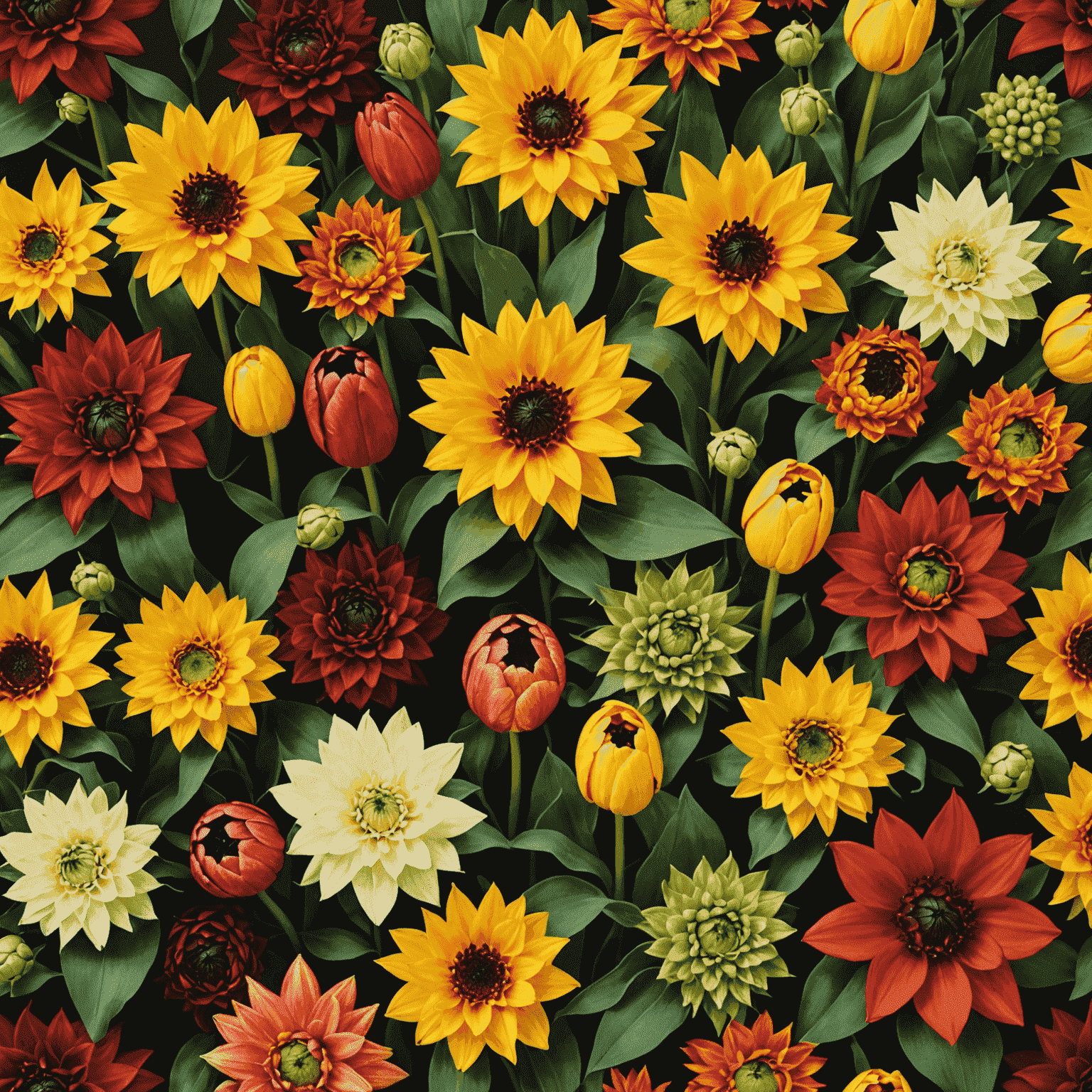 A beautiful arrangement of seasonal flowers including tulips, sunflowers, dahlias, and poinsettias, showcasing the year-round beauty of Milan's flower market