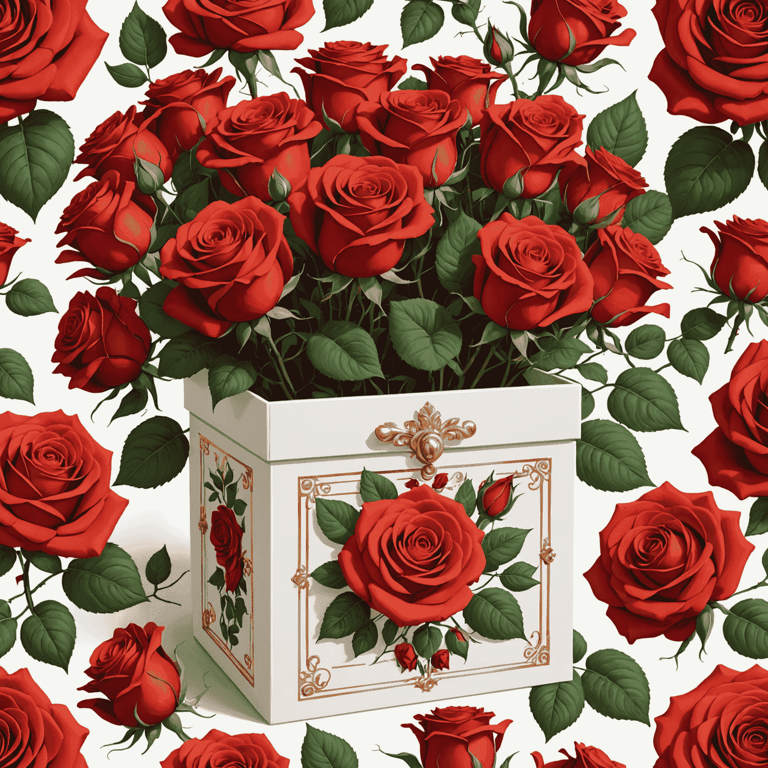 A luxurious Roses Box created by Maria Rossi, featuring a dozen perfectly arranged red roses in a hand-painted white box with gold accents