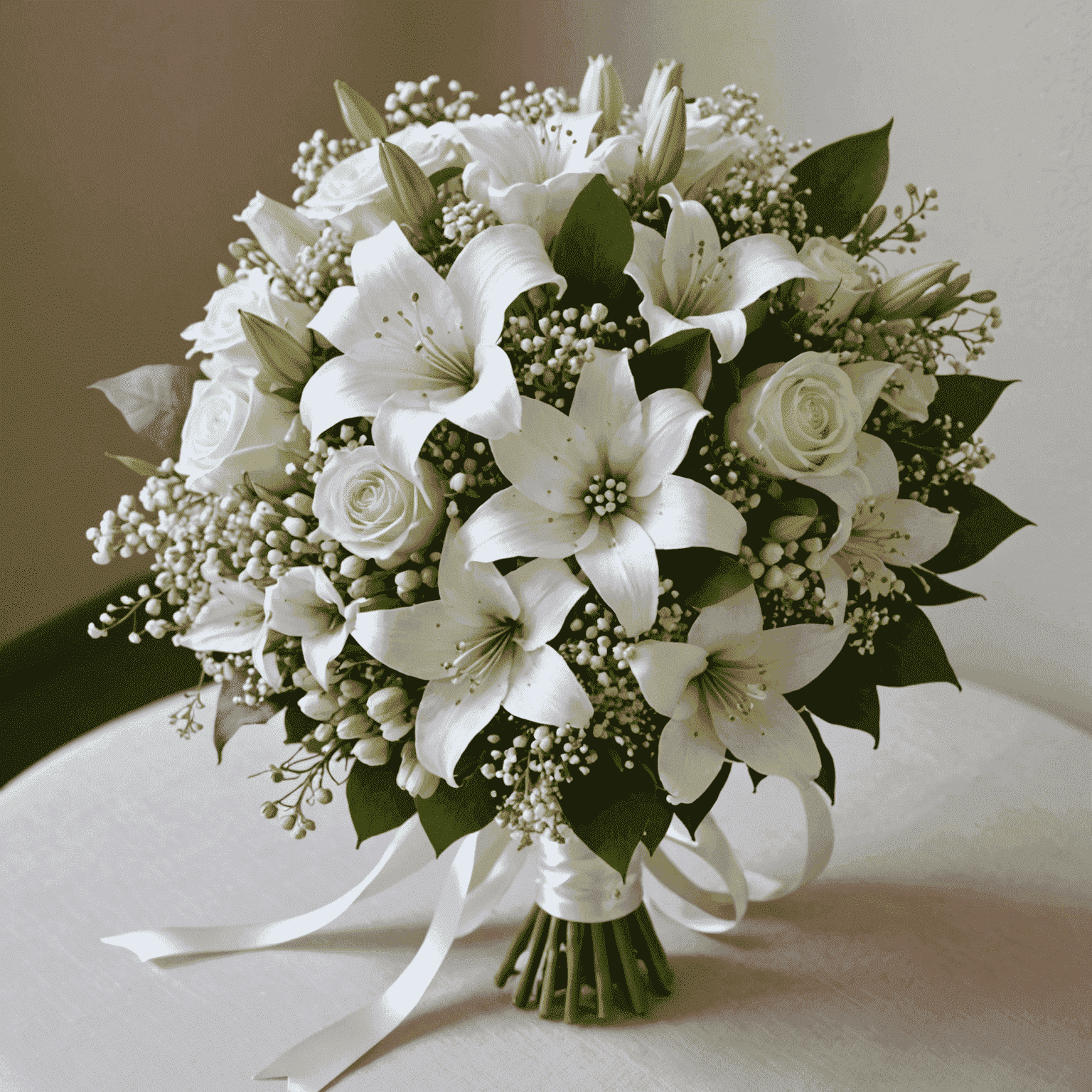 A romantic bridal bouquet with white roses, lilies, and delicate baby's breath, tied with a silk ribbon