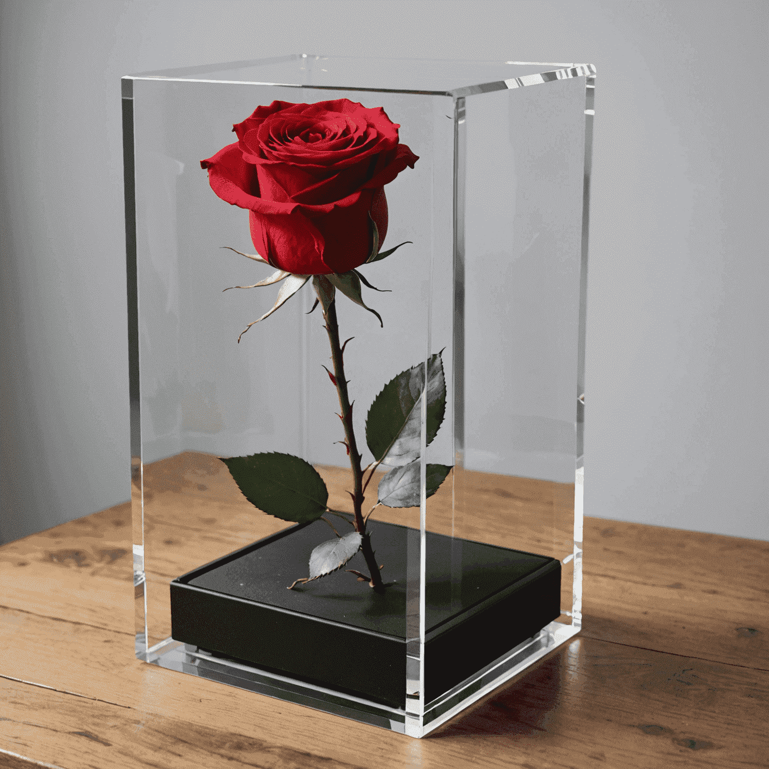 A single large preserved red rose in a clear acrylic box