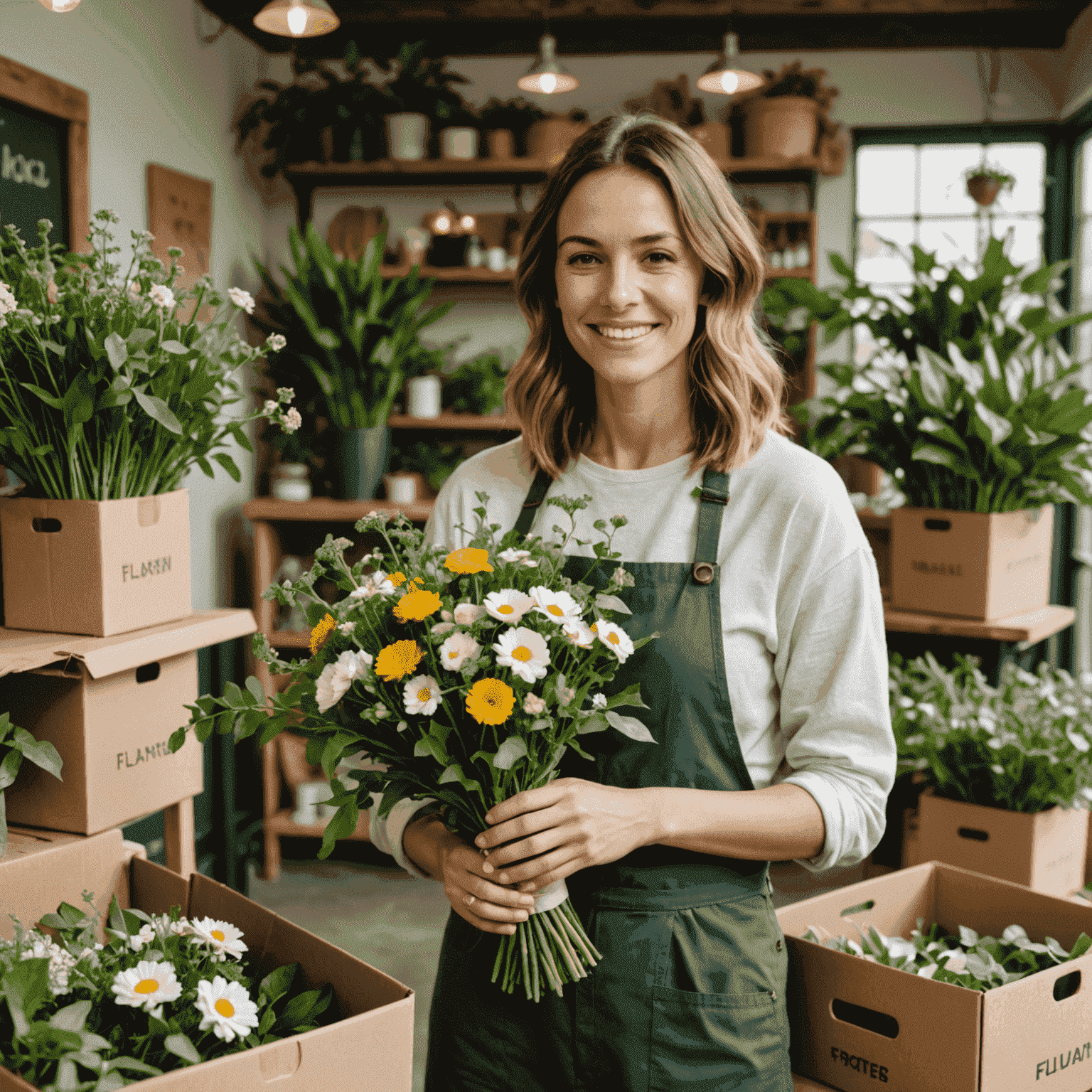 Eco-friendly florist arranging locally-sourced flowers in sustainable packaging, surrounded by green plants