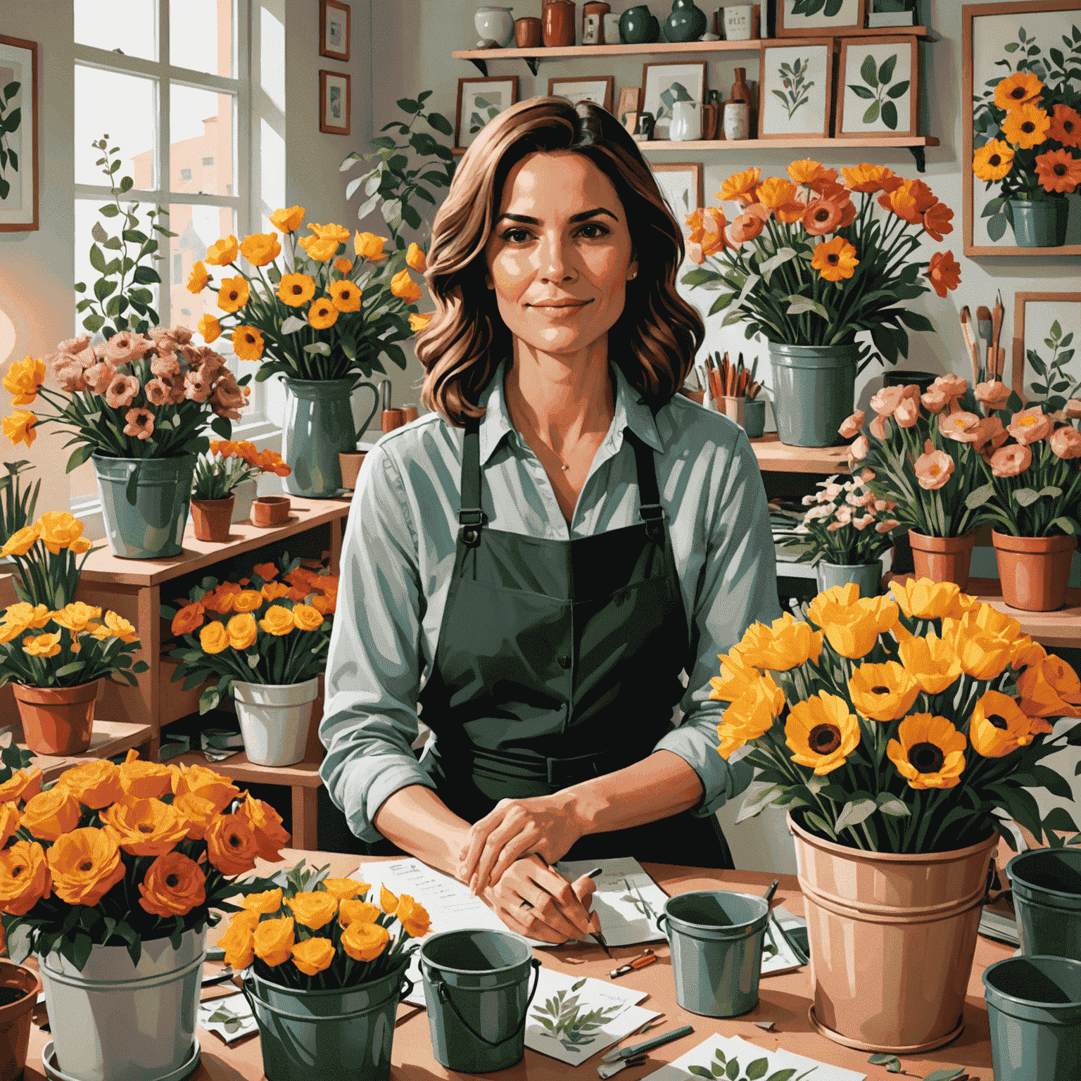 Maria Rossi in her Milan studio, surrounded by buckets of fresh flowers and working on a large, dramatic arrangement featuring seasonal blooms and foliage
