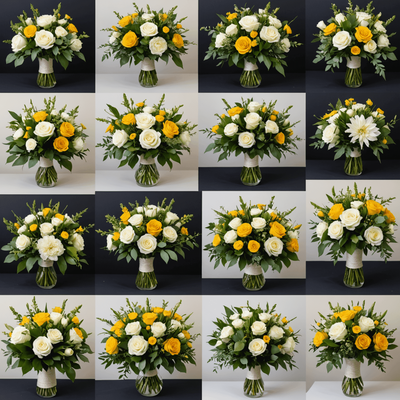 A collage of bespoke floral arrangements for various events, showcasing wedding bouquets, corporate centerpieces, and personalized celebratory designs
