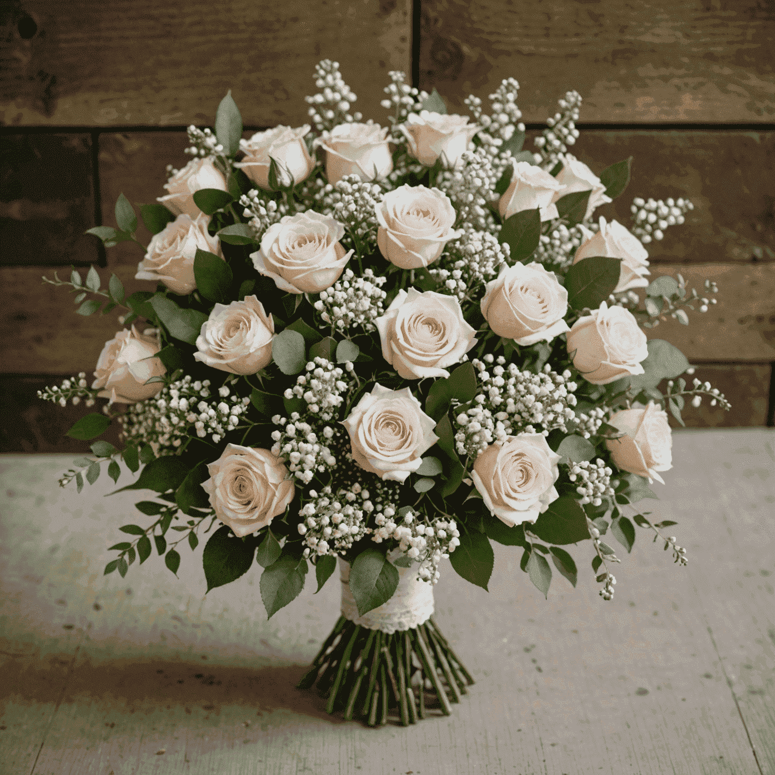 A romantic bouquet featuring a mix of pastel roses, delicate baby's breath, and lush foliage, perfect for weddings or anniversaries