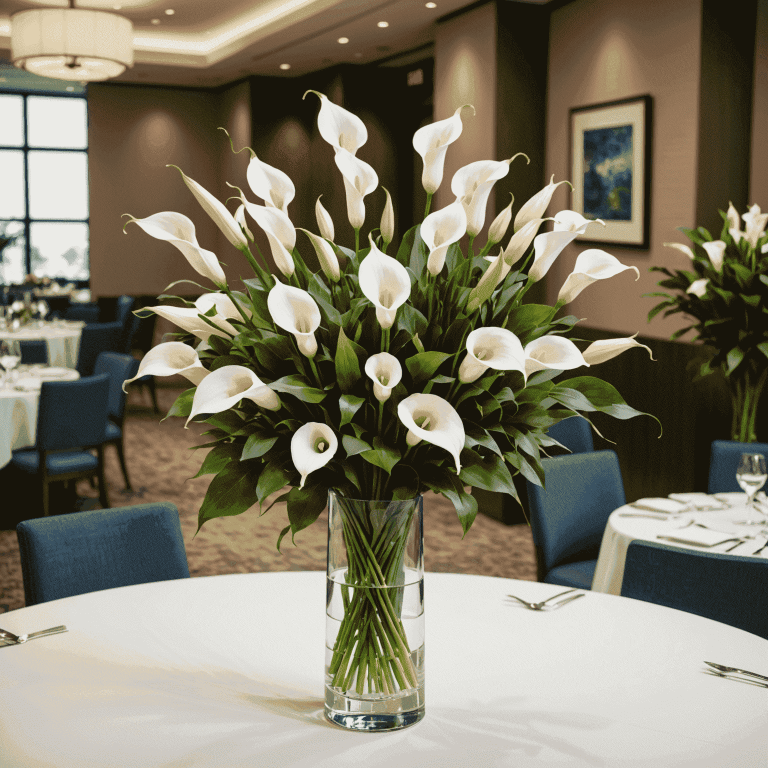 A sophisticated floral arrangement for a corporate event, featuring modern white calla lilies and greenery in a sleek vase