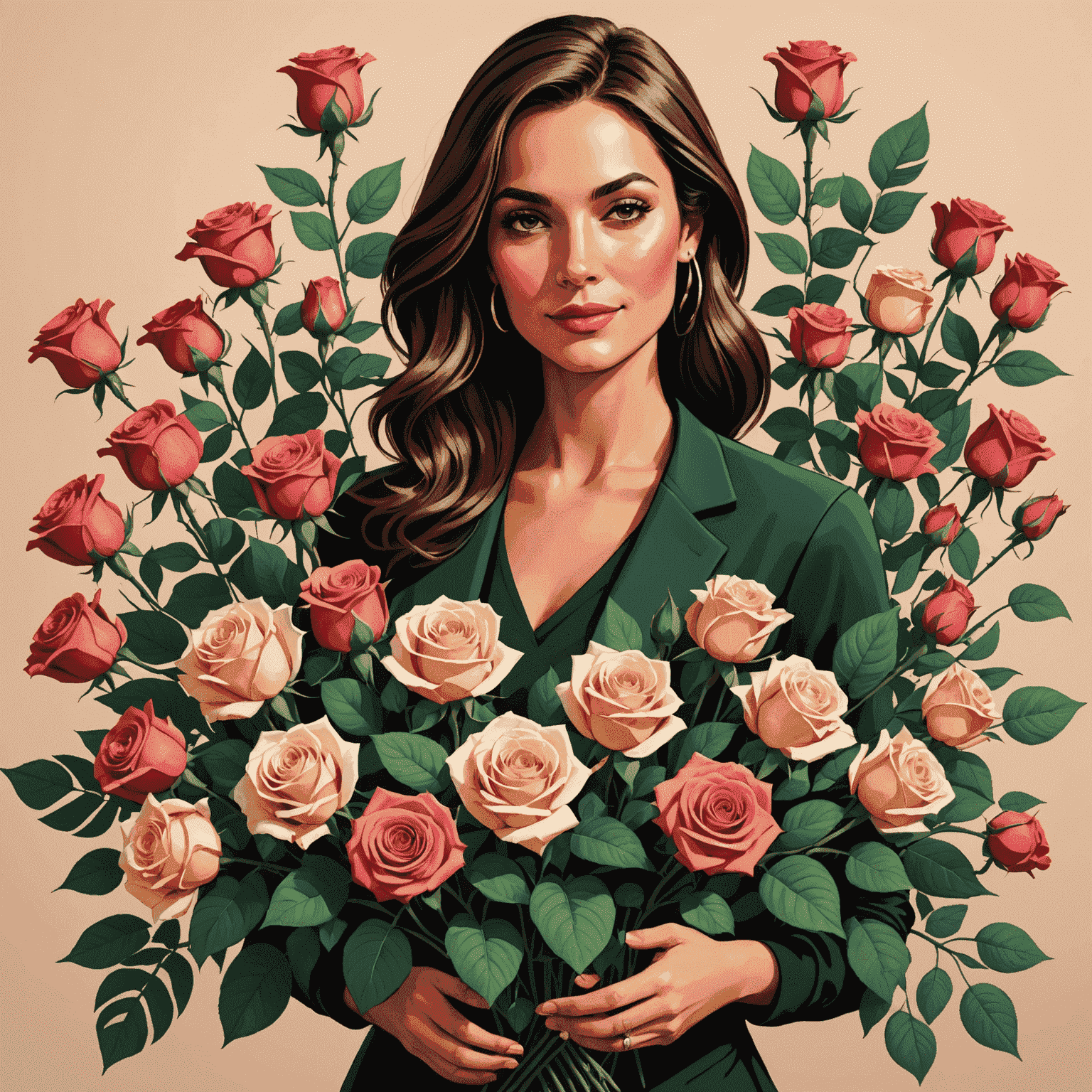 Renowned Milan-based florist Maria Rossi creating a stunning flower arrangement with roses and exotic blooms
