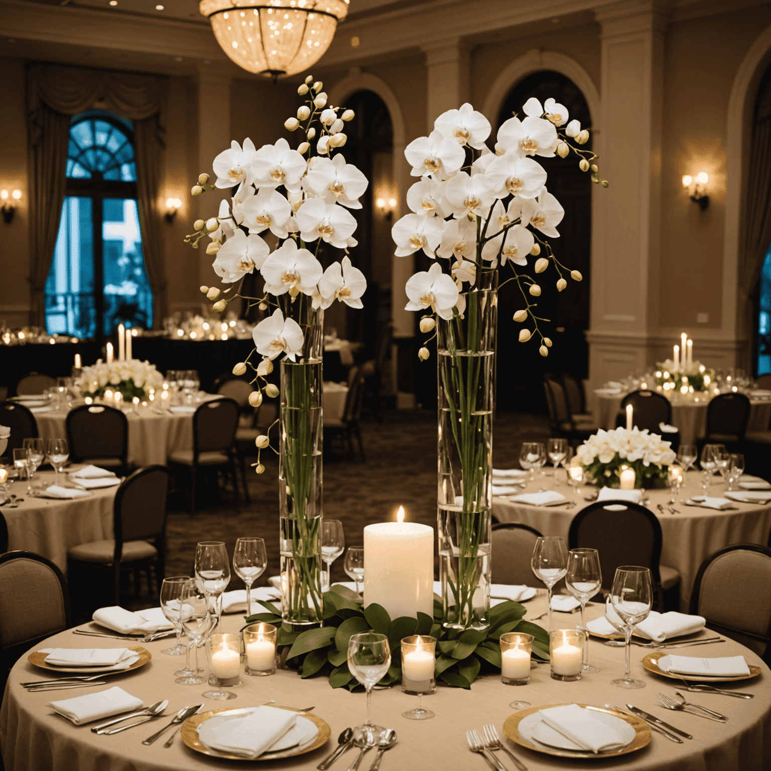Elegant table settings for a corporate gala, featuring tall centerpieces with white orchids and floating candles