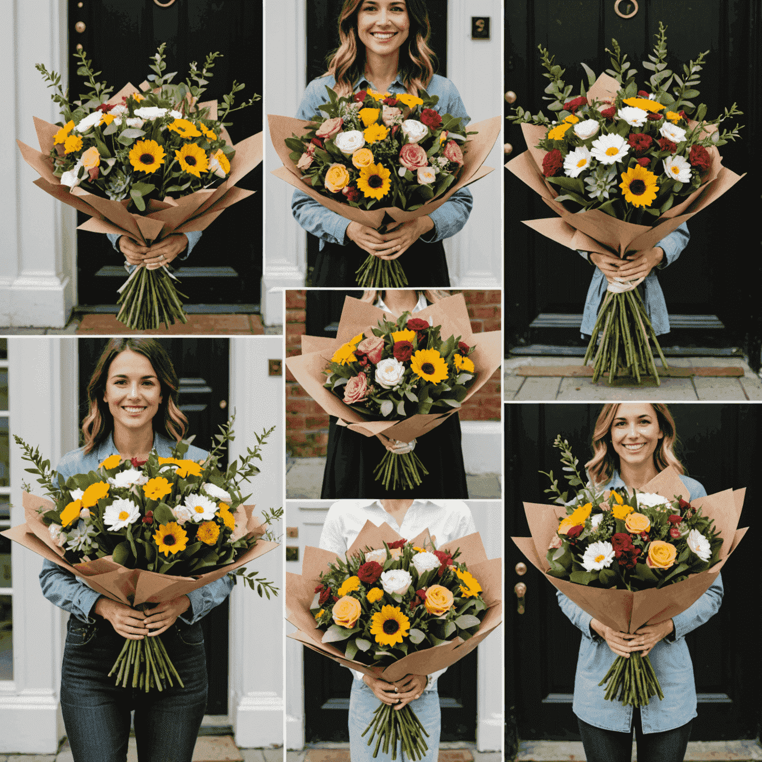A series of images showing different seasonal bouquets being delivered to a doorstep, highlighting the variety and freshness of the subscription service
